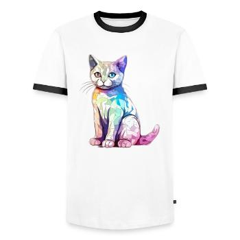 Hako, die bunte Katze - Männer Kontrast-T-Shirt - Weiß/Schwarz - Vorne - AI Model Female 172 light (172cm) & AI Model Male 178 dark (178cm)