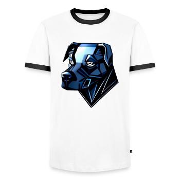 Chien Doberman - Polygones Bleus - T-shirt contrasté Homme - blanc/noir - Devant - AI Model Female 172 light (172cm) & AI Model Male 178 dark (178cm)