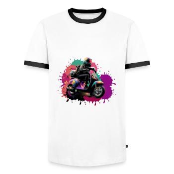 motorcycle, scooter, colorful, painting, splash of color - Men's Ringer Shirt - white/black - Front - AI Model Female 172 light (172cm) & AI Model Male 178 dark (178cm)