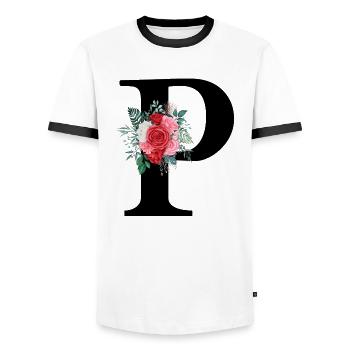 Roter Blumenbuchstabe P - Männer Kontrast-T-Shirt - Weiß/Schwarz - Vorne - AI Model Female 172 light (172cm) & AI Model Male 178 dark (178cm)