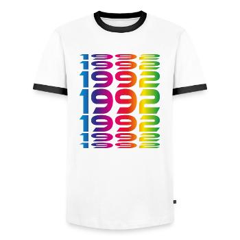 Born in 1992 Birth Year Gift - Men's Ringer Shirt - white/black - Front - AI Model Female 172 light (172cm) & AI Model Male 178 dark (178cm)