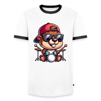 Cute Beaver Drummer Funny Animal - Men's Ringer Shirt - white/black - Front - AI Model Female 172 light (172cm) & AI Model Male 178 dark (178cm)