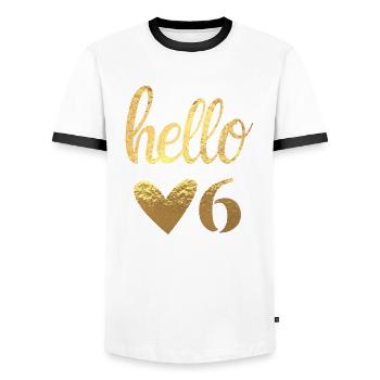 Hello 6 Gold - Men's Ringer Shirt - white/black - Front - AI Model Female 172 light (172cm) & AI Model Male 178 dark (178cm)