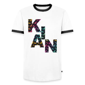 KIAN - Schöner Jungen Name mit Dinosaurier - Männer Kontrast-T-Shirt - Weiß/Schwarz - Vorne - AI Model Female 172 light (172cm) & AI Model Male 178 dark (178cm)