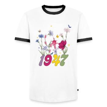 Year of Birth 1947 Wildflowers - Men's Ringer Shirt - white/black - Front - AI Model Female 172 light (172cm) & AI Model Male 178 dark (178cm)