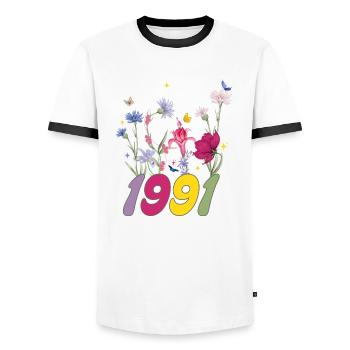 Geburtsjahr 1991 Wildblumen - Männer Kontrast-T-Shirt - Weiß/Schwarz - Vorne - AI Model Female 172 light (172cm) & AI Model Male 178 dark (178cm)