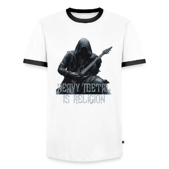 heavy Metal is Religion - Men's Ringer Shirt - white/black - Front - AI Model Female 172 light (172cm) & AI Model Male 178 dark (178cm)