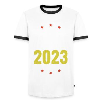 Ibiza 2023 - Männer Kontrast-T-Shirt - Weiß/Schwarz - Vorne - AI Model Female 172 light (172cm) & AI Model Male 178 dark (178cm)
