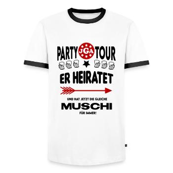 Jga Er heiratet Die gleiche Muschi für immer - Männer Kontrast-T-Shirt - Weiß/Schwarz - Vorne - AI Model Female 172 light (172cm) & AI Model Male 178 dark (178cm)