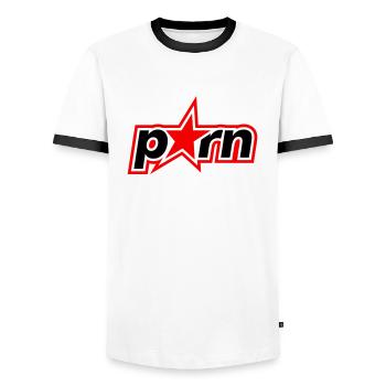 Porn lettering - Men's Ringer Shirt - white/black - Front - AI Model Female 172 light (172cm) & AI Model Male 178 dark (178cm)