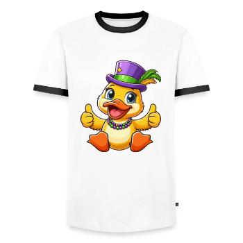 Mardi Gras Duck: Thumbs Up - Men's Ringer Shirt - white/black - Front - AI Model Female 172 light (172cm) & AI Model Male 178 dark (178cm)