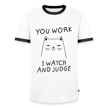 You Work I Watch And Judge - Cat Office Work - Men's Ringer Shirt - white/black - Front - AI Model Female 172 light (172cm) & AI Model Male 178 dark (178cm)