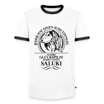 SALUKI Schutzengel Hundespruch Hunde Wilsigns - Männer Kontrast-T-Shirt - Weiß/Schwarz - Vorne - AI Model Female 172 light (172cm) & AI Model Male 178 dark (178cm)