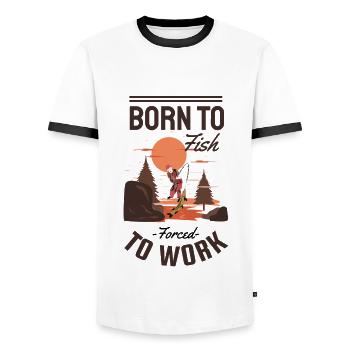 T-Shirt Zum Fischen geboren, zur Arbeit gezwungen - Männer Kontrast-T-Shirt - Weiß/Schwarz - Vorne - AI Model Female 172 light (172cm) & AI Model Male 178 dark (178cm)