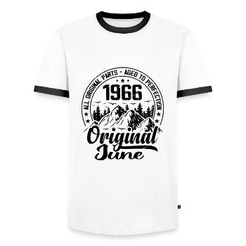 1966 June Original: 58 Years Anniversary Gift - Men's Ringer Shirt - white/black - Front - AI Model Female 172 light (172cm) & AI Model Male 178 dark (178cm)