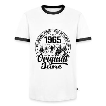 1965 June Original: 59 Years Anniversary Gift - Men's Ringer Shirt - white/black - Front - AI Model Female 172 light (172cm) & AI Model Male 178 dark (178cm)