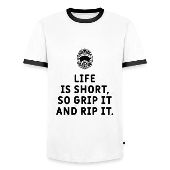 Moto - Motocross - Life is short ! - T-shirt contrasté Homme - blanc/noir - Devant - AI Model Female 172 light (172cm) & AI Model Male 178 dark (178cm)
