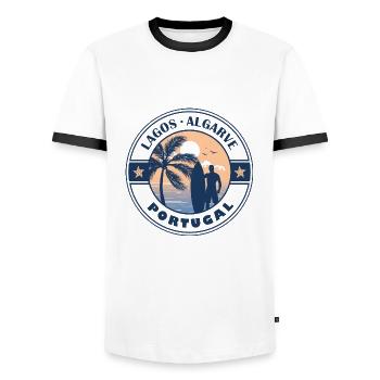 Lagos Algarve Portugal Conception de surf d’été - T-shirt contrasté Homme - blanc/noir - Devant - AI Model Female 172 light (172cm) & AI Model Male 178 dark (178cm)