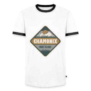 Chamonix Mont Blanc France Vintage Hiking Design - Men's Ringer Shirt - white/black - Front - AI Model Female 172 light (172cm) & AI Model Male 178 dark (178cm)
