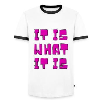 It is what It is - funny quote - Men's Ringer Shirt - white/black - Front - AI Model Female 172 light (172cm) & AI Model Male 178 dark (178cm)