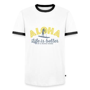Aloha - La vie est meilleure sur une planche de paddle (hommes) - T-shirt contrasté Homme - blanc/noir - Devant - AI Model Female 172 light (172cm) & AI Model Male 178 dark (178cm)