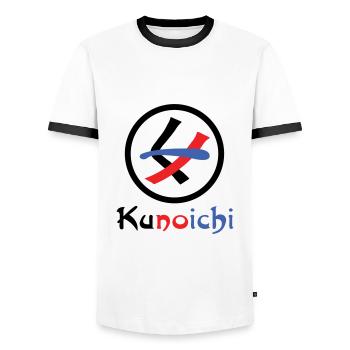 Female Ninja Kunoichi くノ一 - Men's Ringer Shirt - white/black - Front - AI Model Female 172 light (172cm) & AI Model Male 178 dark (178cm)