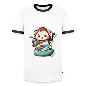 Chat chanceux chinois - T-shirt contrasté Homme - blanc/noir - Devant - AI Model Female 172 light (172cm) & AI Model Male 178 dark (178cm)