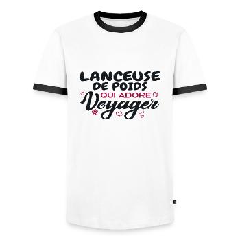 Globetrotting shot putter, passionate about vo - Men's Ringer Shirt - white/black - Front - AI Model Female 172 light (172cm) & AI Model Male 178 dark (178cm)