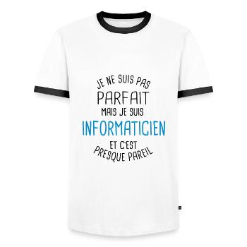 Pas parfait mais informaticien - T-shirt contrasté Homme - blanc/noir - Devant - AI Model Female 172 light (172cm) & AI Model Male 178 dark (178cm)