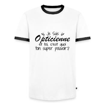 Ich bin Optiker. Was ist deine Superkraft? - Männer Kontrast-T-Shirt - Weiß/Schwarz - Vorne - AI Model Female 172 light (172cm) & AI Model Male 178 dark (178cm)