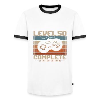 50 Birthday Gift 50 Years Level 50 Complete - Men's Ringer Shirt - white/black - Front - AI Model Female 172 light (172cm) & AI Model Male 178 dark (178cm)