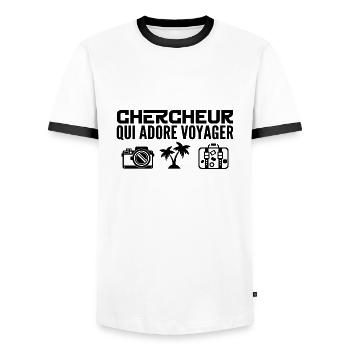 Voyageurs & Chercheurs : Passion & Découverte - T-shirt contrasté Homme - blanc/noir - Devant - AI Model Female 172 light (172cm) & AI Model Male 178 dark (178cm)
