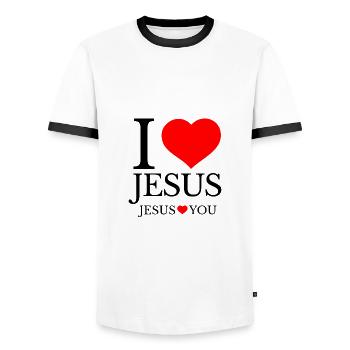 Ich liebe Jesus und Jesus liebt dich - Männer Kontrast-T-Shirt - Weiß/Schwarz - Vorne - AI Model Female 172 light (172cm) & AI Model Male 178 dark (178cm)