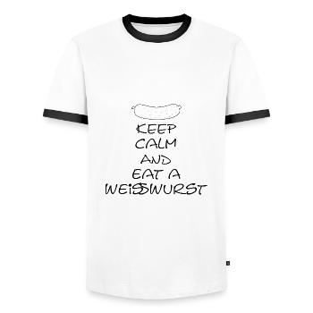Keep Calm and eat a Weißwurst - Männer Kontrast-T-Shirt - Weiß/Schwarz - Vorne - AI Model Female 172 light (172cm) & AI Model Male 178 dark (178cm)