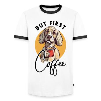 Coffee But First Coffee Dog Animal Saying Funny - Men's Ringer Shirt - white/black - Front - AI Model Female 172 light (172cm) & AI Model Male 178 dark (178cm)