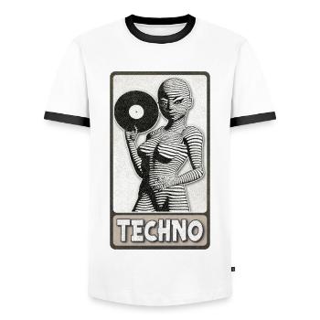 Sexy woman DJ with a vinyl record in her hand. - Men's Ringer Shirt - white/black - Front - AI Model Female 172 light (172cm) & AI Model Male 178 dark (178cm)