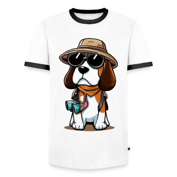 Beagle Dog Der Entdecker - Männer Kontrast-T-Shirt - Weiß/Schwarz - Vorne - AI Model Female 172 light (172cm) & AI Model Male 178 dark (178cm)
