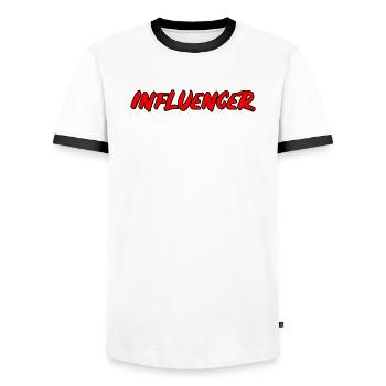 Influencer - strong Popart lettering - Men's Ringer Shirt - white/black - Front - AI Model Female 172 light (172cm) & AI Model Male 178 dark (178cm)