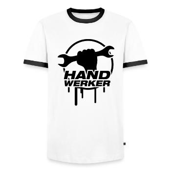 handwerker_logo_f1 - Männer Kontrast-T-Shirt - Weiß/Schwarz - Vorne - AI Model Female 172 light (172cm) & AI Model Male 178 dark (178cm)