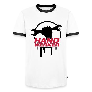 handwerker_logo_f2 - Männer Kontrast-T-Shirt - Weiß/Schwarz - Vorne - AI Model Female 172 light (172cm) & AI Model Male 178 dark (178cm)