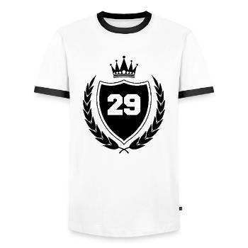 coat of arms 29 - Men's Ringer Shirt - white/black - Front - AI Model Female 172 light (172cm) & AI Model Male 178 dark (178cm)