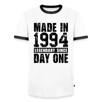 Hergestellt 1994, legendär seit dem ersten Tag - Männer Kontrast-T-Shirt - Weiß/Schwarz - Vorne - AI Model Female 172 light (172cm) & AI Model Male 178 dark (178cm)