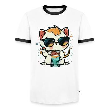 Cat Love: Beach and Cocktail - Men's Ringer Shirt - white/black - Front - AI Model Female 172 light (172cm) & AI Model Male 178 dark (178cm)