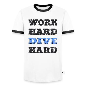 WORK HARD DIVE HARD: Tauchen, Tauchsport, Diving - Männer Kontrast-T-Shirt - Weiß/Schwarz - Vorne - AI Model Female 172 light (172cm) & AI Model Male 178 dark (178cm)