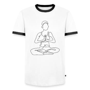 1 Yoga Padmasana ou Fleur de Lotus | Trait noir - T-shirt contrasté Homme - blanc/noir - Devant - AI Model Female 172 light (172cm) & AI Model Male 178 dark (178cm)