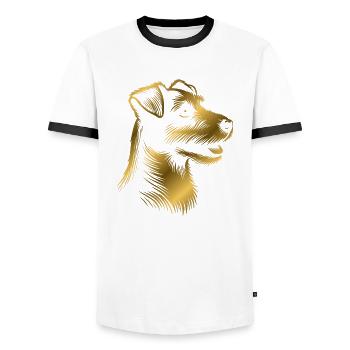 Russell Terrier drawing head bronze, gold - Men's Ringer Shirt - white/black - Front - AI Model Female 172 light (172cm) & AI Model Male 178 dark (178cm)