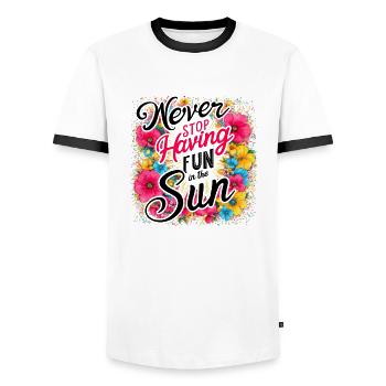 Never Stop Having Fun In The Sun Design - Men's Ringer Shirt - white/black - Front - AI Model Female 172 light (172cm) & AI Model Male 178 dark (178cm)