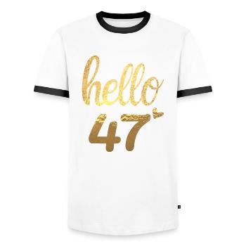 Hello 47 doré - T-shirt contrasté Homme - blanc/noir - Devant - AI Model Female 172 light (172cm) & AI Model Male 178 dark (178cm)
