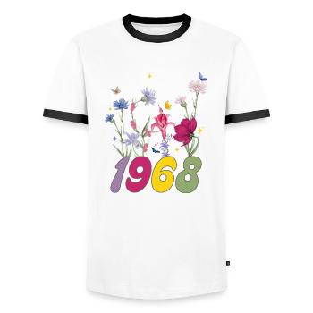 Year of birth 1968 wildflowers - Men's Ringer Shirt - white/black - Front - AI Model Female 172 light (172cm) & AI Model Male 178 dark (178cm)