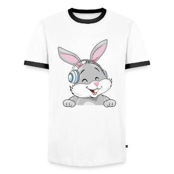 Lachender Hase mit Kopfhörern - Männer Kontrast-T-Shirt - Weiß/Schwarz - Vorne - AI Model Female 172 light (172cm) & AI Model Male 178 dark (178cm)